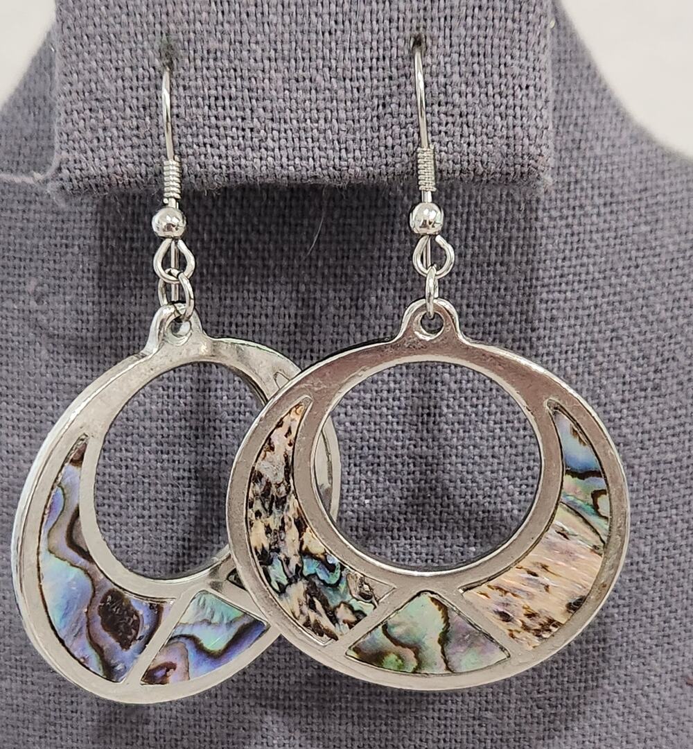 Silver Inlaid Abalone Shell Round Dangle Fish Hook Earrings 2.5 Inches Long